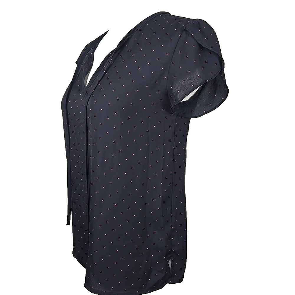 fun2fun Navy Red Dot Print Chiffon Tie-Front Flutter Sleeve Blouse Size Xs - Picture 2 of 5